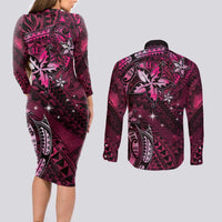 Hawaii Makahiki Season Couples Matching Long Sleeve Bodycon Dress and Long Sleeve Button Shirt Floral Tribal Tattoo Pink Galaxy LT05 - Polynesian Pride