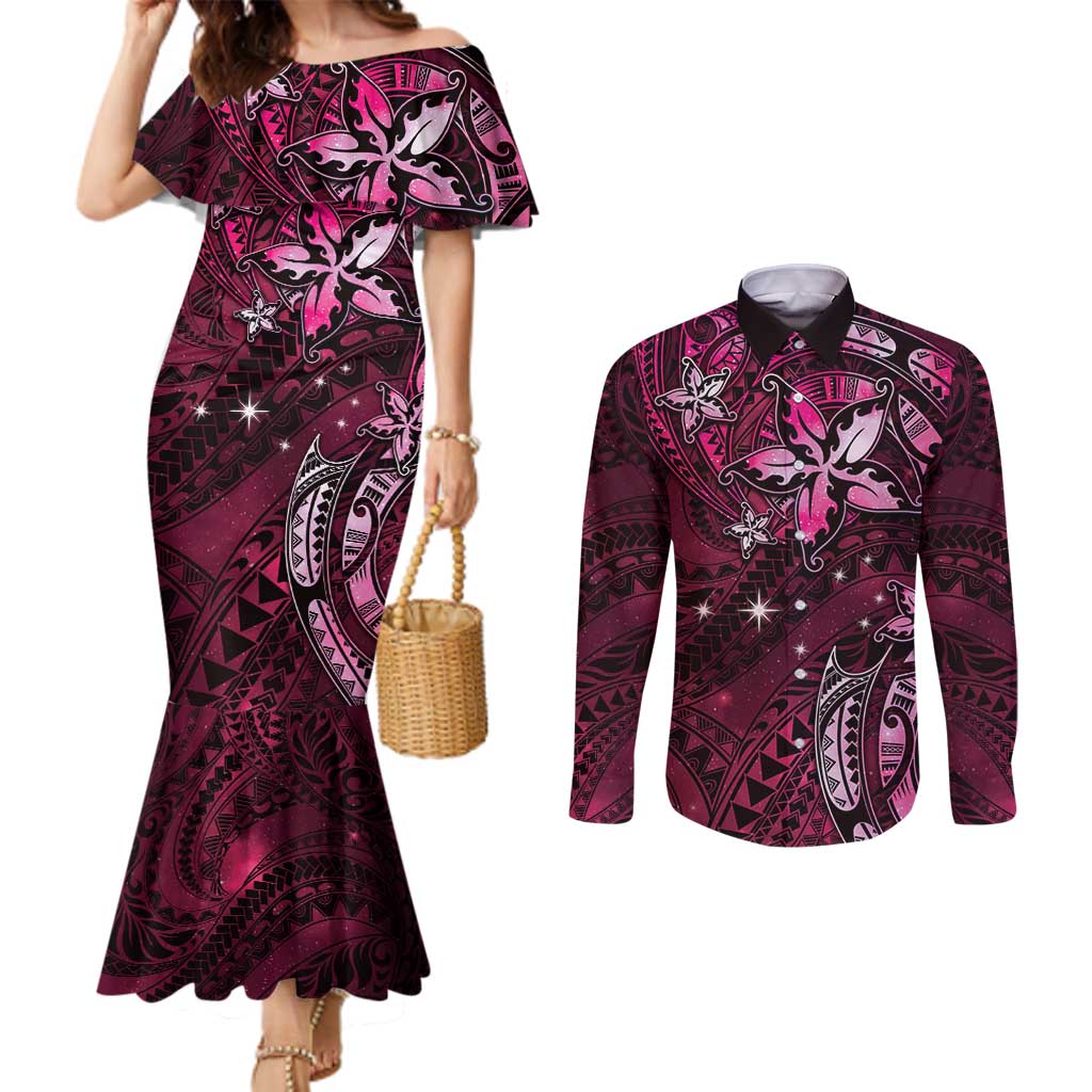 Hawaii Makahiki Season Couples Matching Mermaid Dress and Long Sleeve Button Shirt Floral Tribal Tattoo Pink Galaxy LT05 Pink - Polynesian Pride