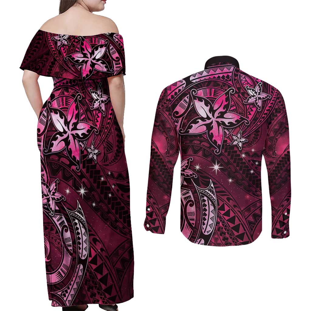Hawaii Makahiki Season Couples Matching Off Shoulder Maxi Dress and Long Sleeve Button Shirt Floral Tribal Tattoo Pink Galaxy LT05 - Polynesian Pride