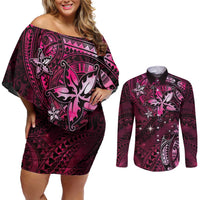 Hawaii Makahiki Season Couples Matching Off Shoulder Short Dress and Long Sleeve Button Shirt Floral Tribal Tattoo Pink Galaxy LT05 Pink - Polynesian Pride