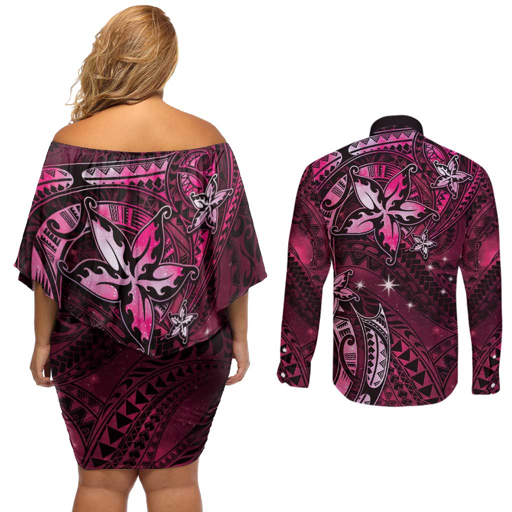 Hawaii Makahiki Season Couples Matching Off Shoulder Short Dress and Long Sleeve Button Shirt Floral Tribal Tattoo Pink Galaxy LT05 - Polynesian Pride