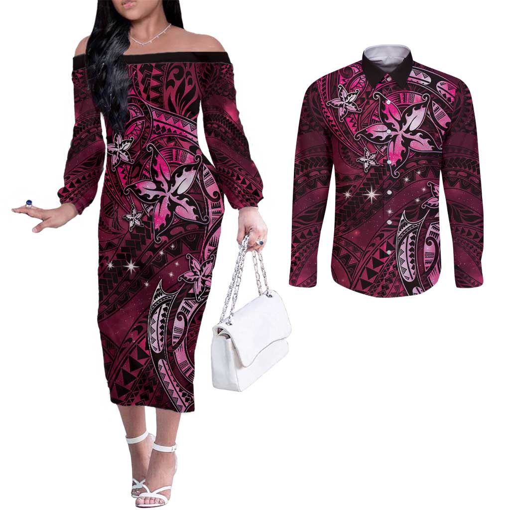 Hawaii Makahiki Season Couples Matching Off The Shoulder Long Sleeve Dress and Long Sleeve Button Shirt Floral Tribal Tattoo Pink Galaxy