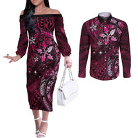 Hawaii Makahiki Season Couples Matching Off The Shoulder Long Sleeve Dress and Long Sleeve Button Shirt Floral Tribal Tattoo Pink Galaxy LT05 Pink - Polynesian Pride