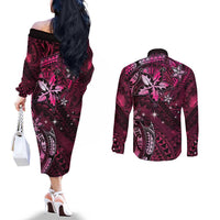 Hawaii Makahiki Season Couples Matching Off The Shoulder Long Sleeve Dress and Long Sleeve Button Shirt Floral Tribal Tattoo Pink Galaxy LT05 - Polynesian Pride