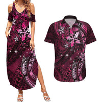 Hawaii Makahiki Season Couples Matching Summer Maxi Dress and Hawaiian Shirt Floral Tribal Tattoo Pink Galaxy LT05 Pink - Polynesian Pride