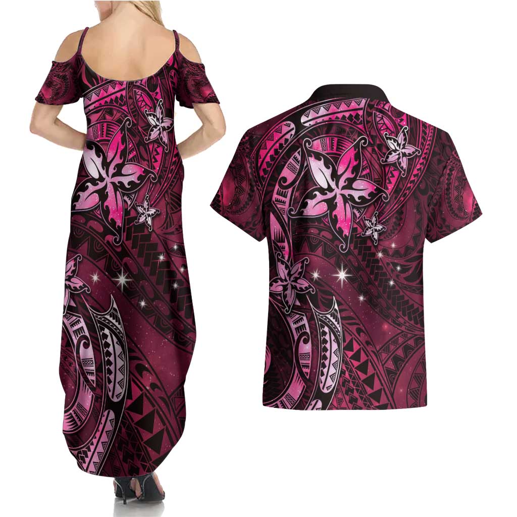 Hawaii Makahiki Season Couples Matching Summer Maxi Dress and Hawaiian Shirt Floral Tribal Tattoo Pink Galaxy LT05 - Polynesian Pride