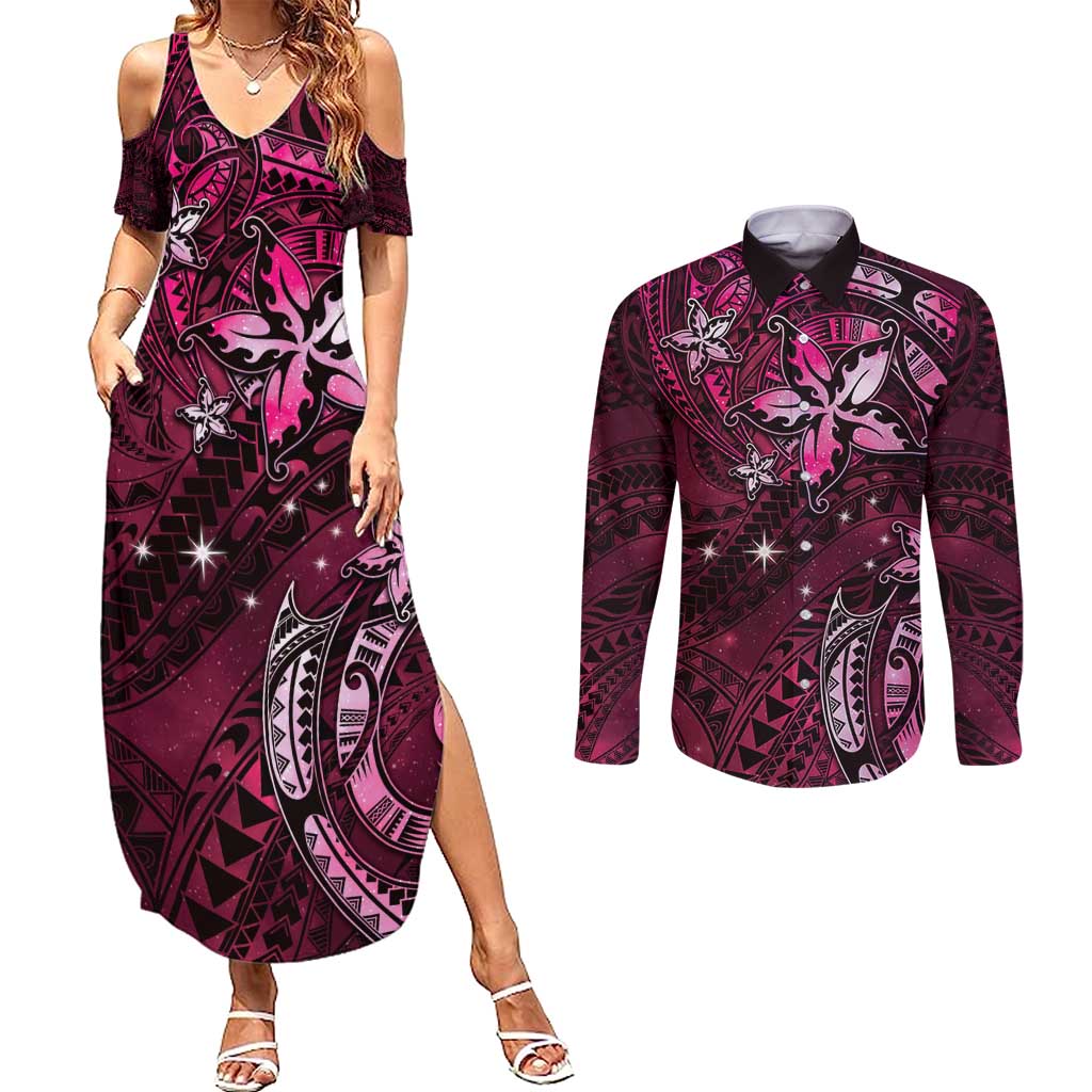 Hawaii Makahiki Season Couples Matching Summer Maxi Dress and Long Sleeve Button Shirt Floral Tribal Tattoo Pink Galaxy LT05 Pink - Polynesian Pride