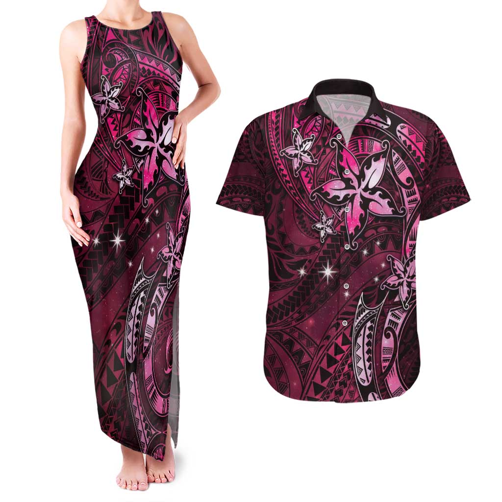 Hawaii Makahiki Season Couples Matching Tank Maxi Dress and Hawaiian Shirt Floral Tribal Tattoo Pink Galaxy LT05 Pink - Polynesian Pride