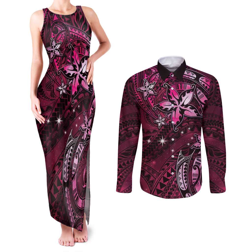 Hawaii Makahiki Season Couples Matching Tank Maxi Dress and Long Sleeve Button Shirt Floral Tribal Tattoo Pink Galaxy
