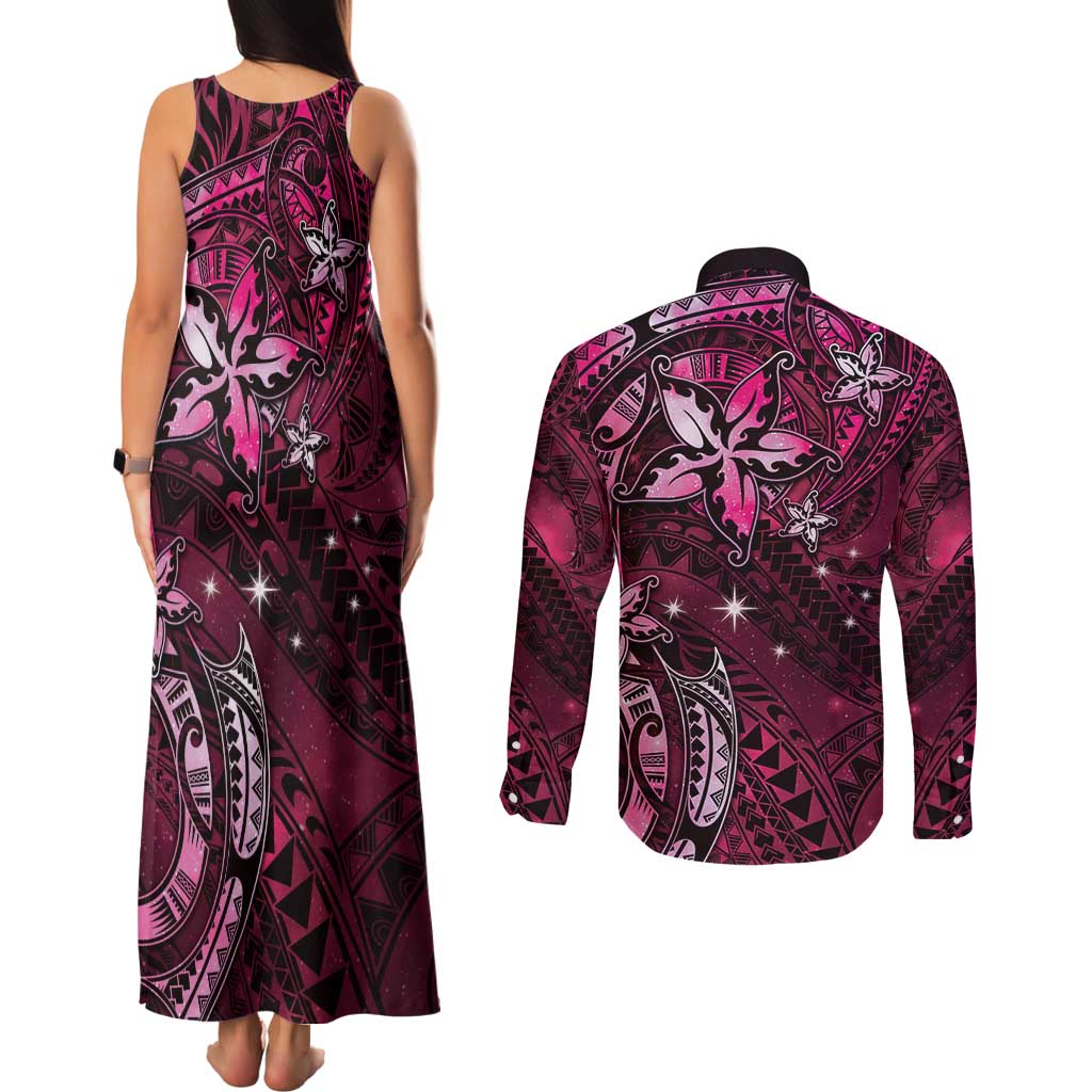 Hawaii Makahiki Season Couples Matching Tank Maxi Dress and Long Sleeve Button Shirt Floral Tribal Tattoo Pink Galaxy LT05 - Polynesian Pride