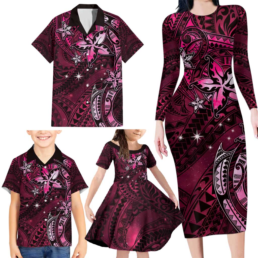 Hawaii Makahiki Season Family Matching Long Sleeve Bodycon Dress and Hawaiian Shirt Floral Tribal Tattoo Pink Galaxy LT05 - Polynesian Pride