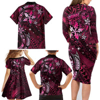 Hawaii Makahiki Season Family Matching Long Sleeve Bodycon Dress and Hawaiian Shirt Floral Tribal Tattoo Pink Galaxy LT05 - Polynesian Pride