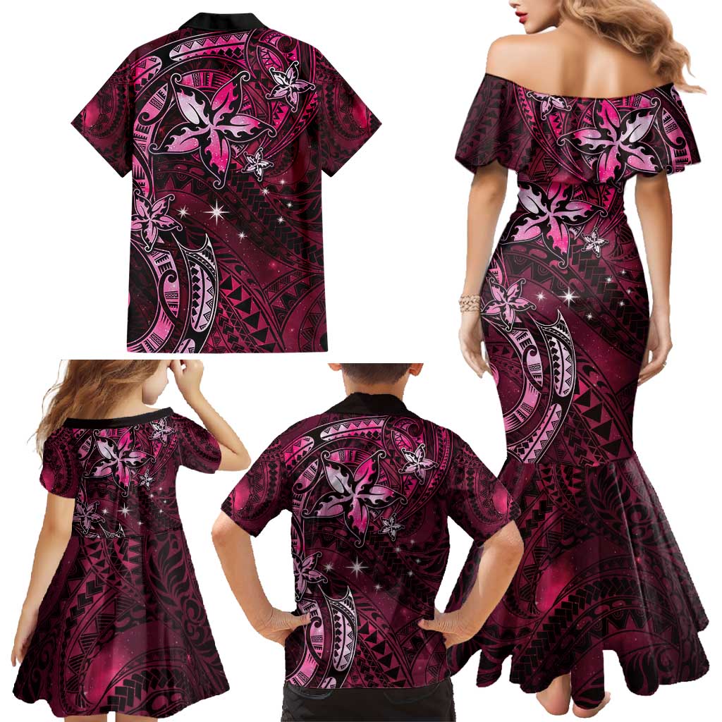 Hawaii Makahiki Season Family Matching Mermaid Dress and Hawaiian Shirt Floral Tribal Tattoo Pink Galaxy LT05 - Polynesian Pride