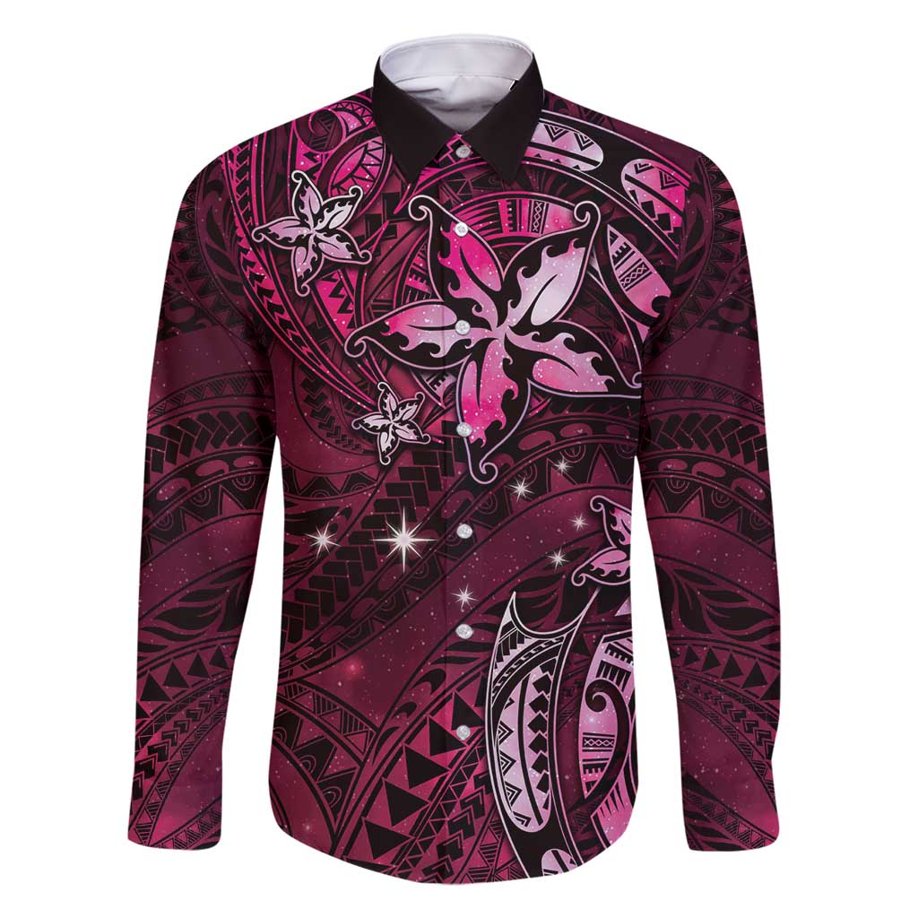 Hawaii Makahiki Season Family Matching Mermaid Dress and Hawaiian Shirt Floral Tribal Tattoo Pink Galaxy LT05 Dad's Shirt - Long Sleeve Pink - Polynesian Pride