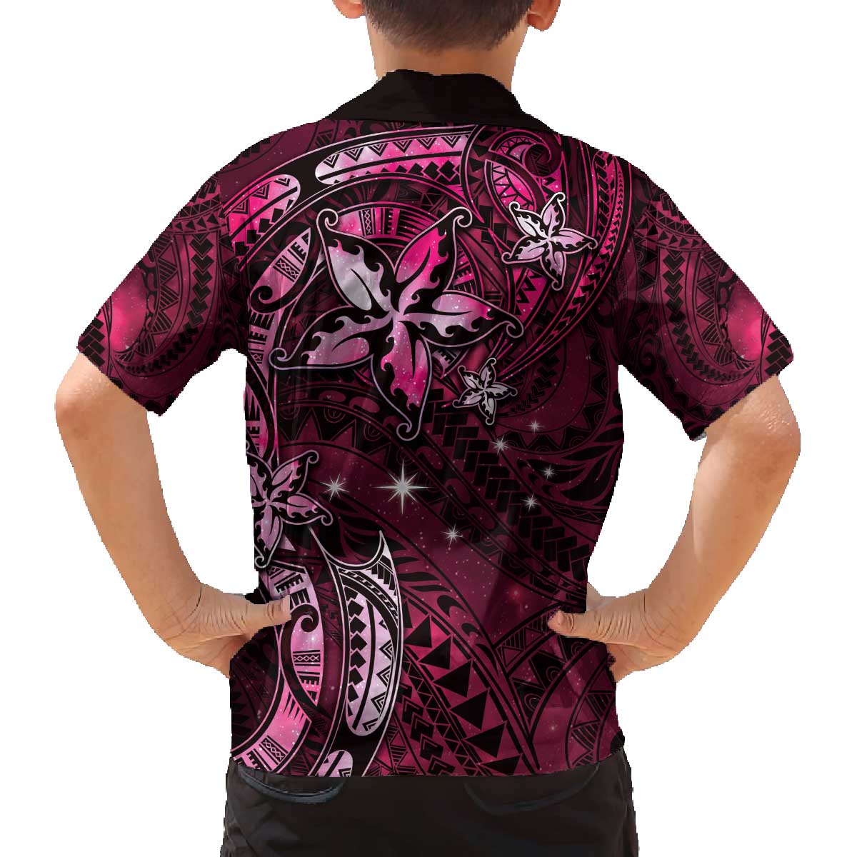 Hawaii Makahiki Season Family Matching Off The Shoulder Long Sleeve Dress and Hawaiian Shirt Floral Tribal Tattoo Pink Galaxy LT05 - Polynesian Pride