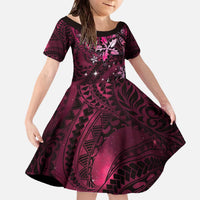 Hawaii Makahiki Season Family Matching Off The Shoulder Long Sleeve Dress and Hawaiian Shirt Floral Tribal Tattoo Pink Galaxy LT05 Daughter's Dress Pink - Polynesian Pride