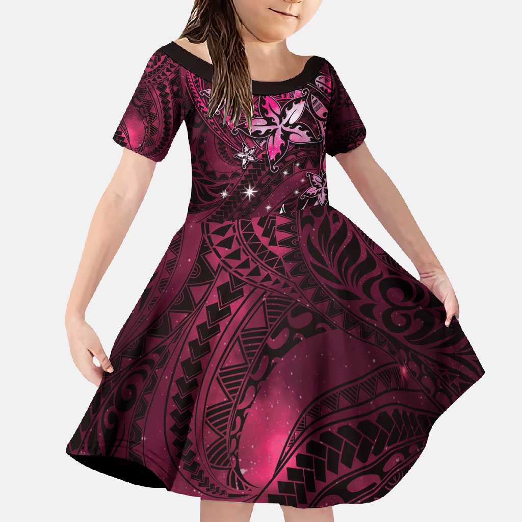 Hawaii Makahiki Season Family Matching Off Shoulder Maxi Dress and Hawaiian Shirt Floral Tribal Tattoo Pink Galaxy LT05 Daughter's Dress Pink - Polynesian Pride