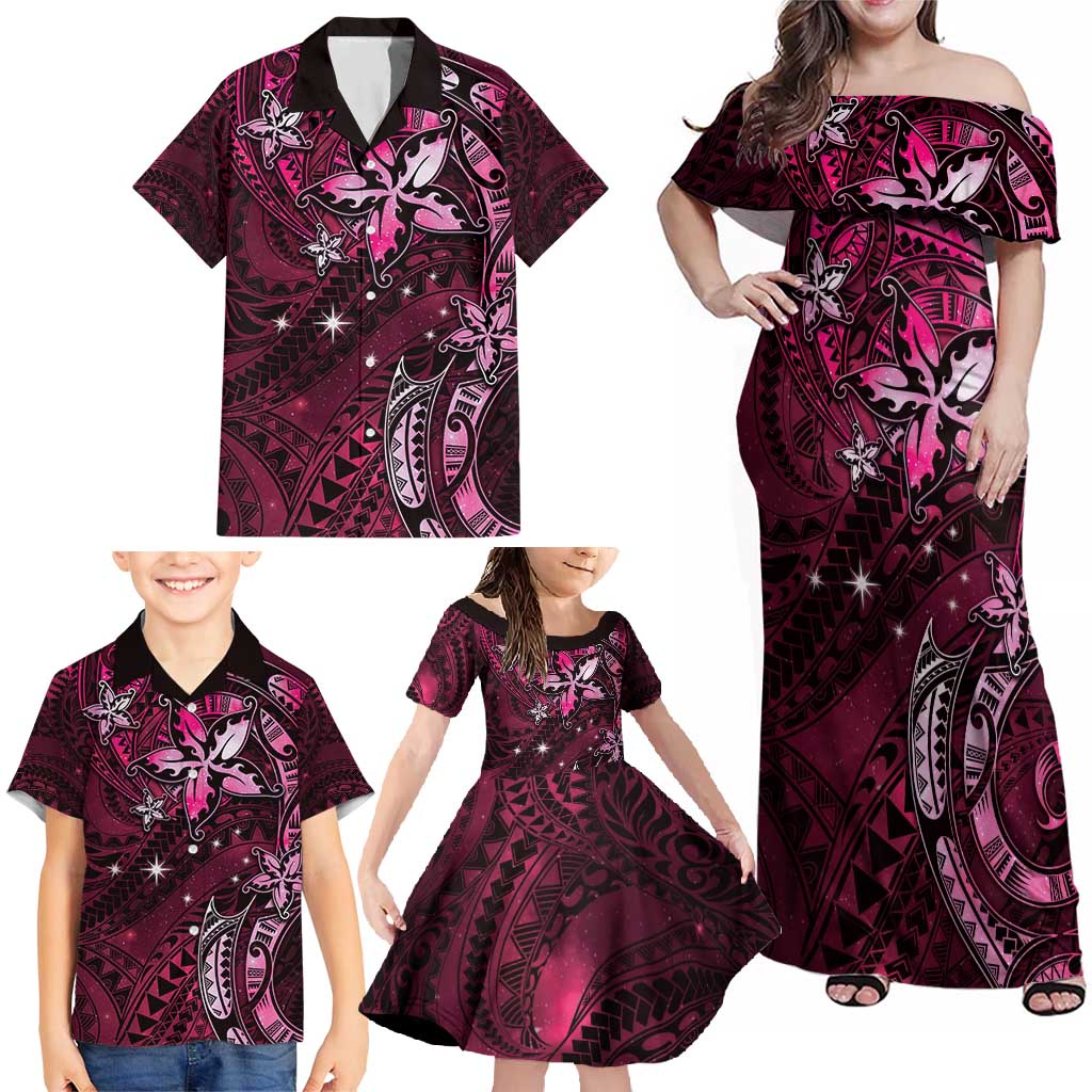 Hawaii Makahiki Season Family Matching Off Shoulder Maxi Dress and Hawaiian Shirt Floral Tribal Tattoo Pink Galaxy LT05 - Polynesian Pride