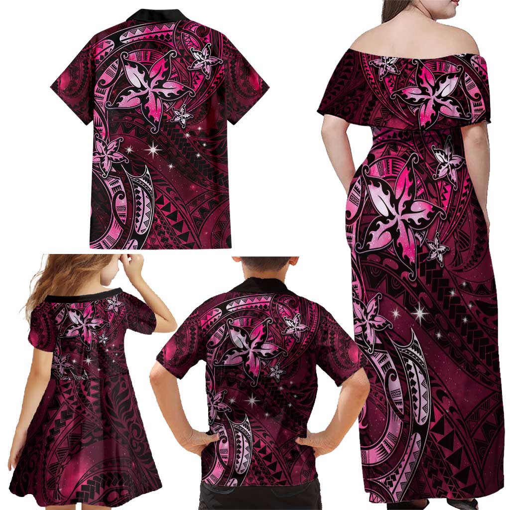 Hawaii Makahiki Season Family Matching Off Shoulder Maxi Dress and Hawaiian Shirt Floral Tribal Tattoo Pink Galaxy LT05 - Polynesian Pride