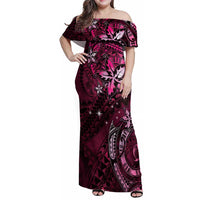 Hawaii Makahiki Season Family Matching Off Shoulder Maxi Dress and Hawaiian Shirt Floral Tribal Tattoo Pink Galaxy LT05 Mom's Dress Pink - Polynesian Pride
