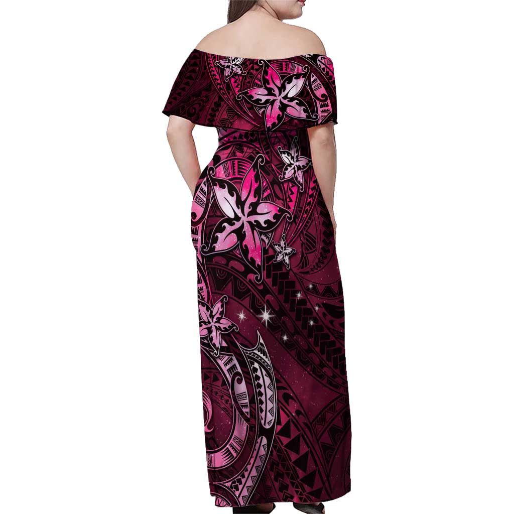 Hawaii Makahiki Season Family Matching Off Shoulder Maxi Dress and Hawaiian Shirt Floral Tribal Tattoo Pink Galaxy LT05 - Polynesian Pride