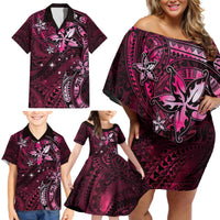 Hawaii Makahiki Season Family Matching Off Shoulder Short Dress and Hawaiian Shirt Floral Tribal Tattoo Pink Galaxy LT05 - Polynesian Pride