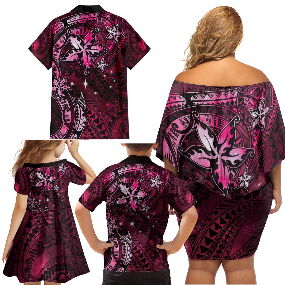 Hawaii Makahiki Season Family Matching Off Shoulder Short Dress and Hawaiian Shirt Floral Tribal Tattoo Pink Galaxy LT05 - Polynesian Pride