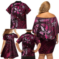 Hawaii Makahiki Season Family Matching Off Shoulder Short Dress and Hawaiian Shirt Floral Tribal Tattoo Pink Galaxy LT05 - Polynesian Pride
