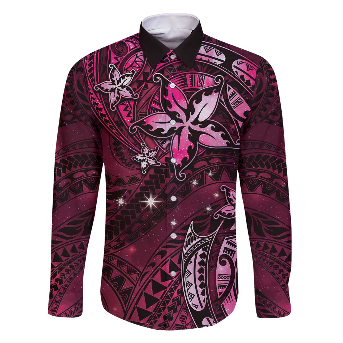 Hawaii Makahiki Season Family Matching Off Shoulder Short Dress and Hawaiian Shirt Floral Tribal Tattoo Pink Galaxy LT05 Dad's Shirt - Long Sleeve Pink - Polynesian Pride