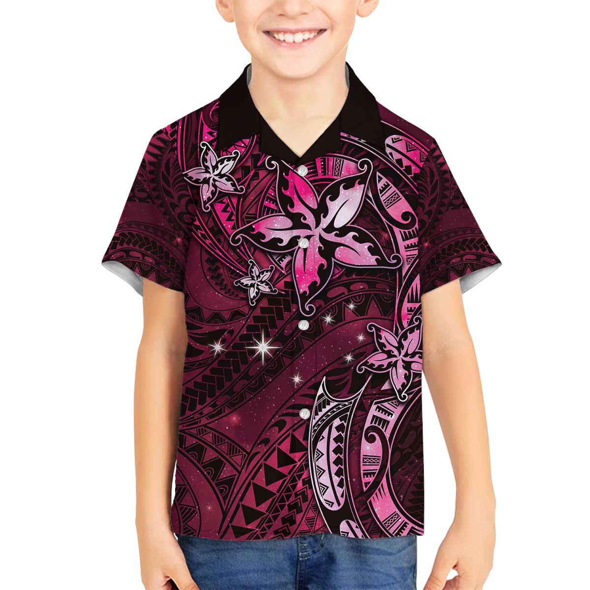 Hawaii Makahiki Season Family Matching Puletasi and Hawaiian Shirt Floral Tribal Tattoo Pink Galaxy LT05 Son's Shirt Pink - Polynesian Pride