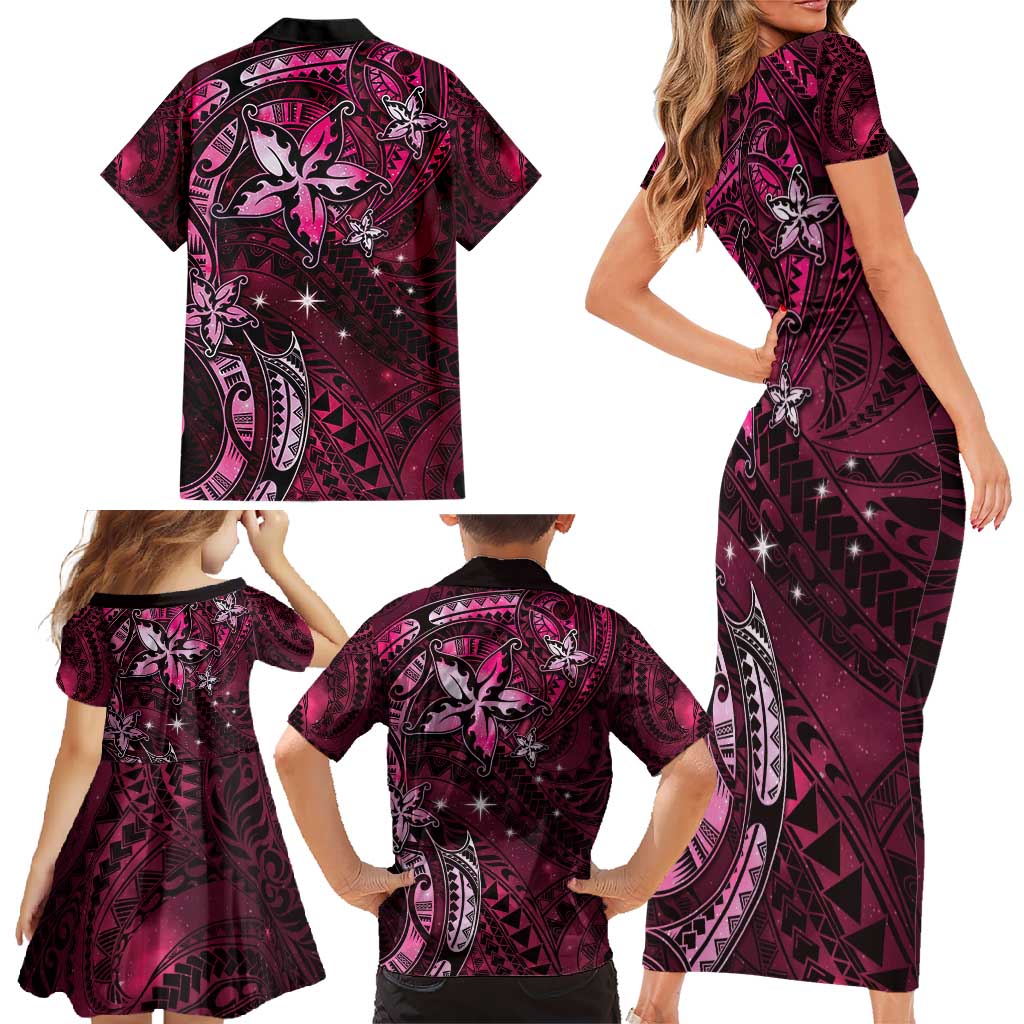 Hawaii Makahiki Season Family Matching Short Sleeve Bodycon Dress and Hawaiian Shirt Floral Tribal Tattoo Pink Galaxy LT05 - Polynesian Pride