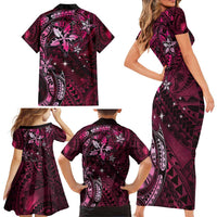 Hawaii Makahiki Season Family Matching Short Sleeve Bodycon Dress and Hawaiian Shirt Floral Tribal Tattoo Pink Galaxy LT05 - Polynesian Pride