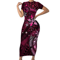 Hawaii Makahiki Season Family Matching Short Sleeve Bodycon Dress and Hawaiian Shirt Floral Tribal Tattoo Pink Galaxy LT05 Mom's Dress Pink - Polynesian Pride