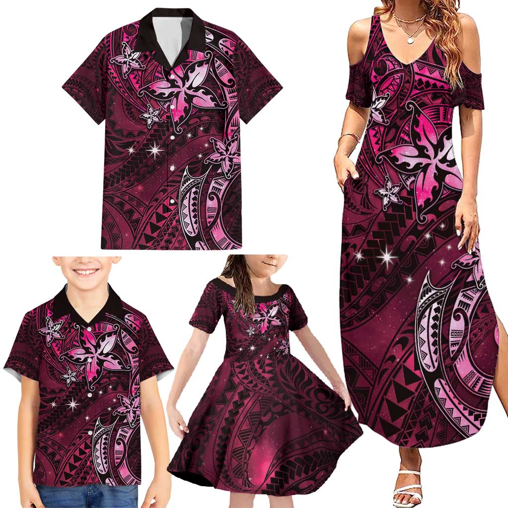Hawaii Makahiki Season Family Matching Summer Maxi Dress and Hawaiian Shirt Floral Tribal Tattoo Pink Galaxy LT05 - Polynesian Pride