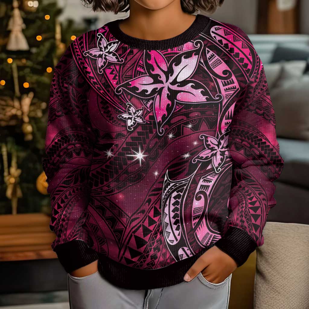Hawaii Makahiki Season Kid Ugly Christmas Sweater Floral Tribal Tattoo Pink Galaxy