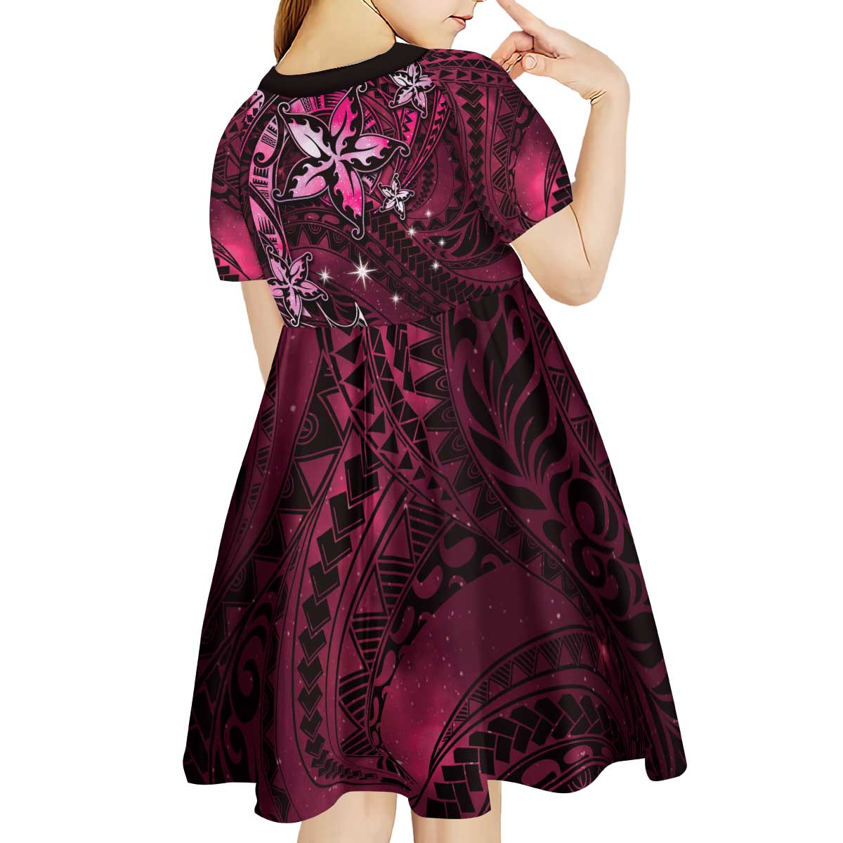 Hawaii Makahiki Season Kid Short Sleeve Dress Floral Tribal Tattoo Pink Galaxy