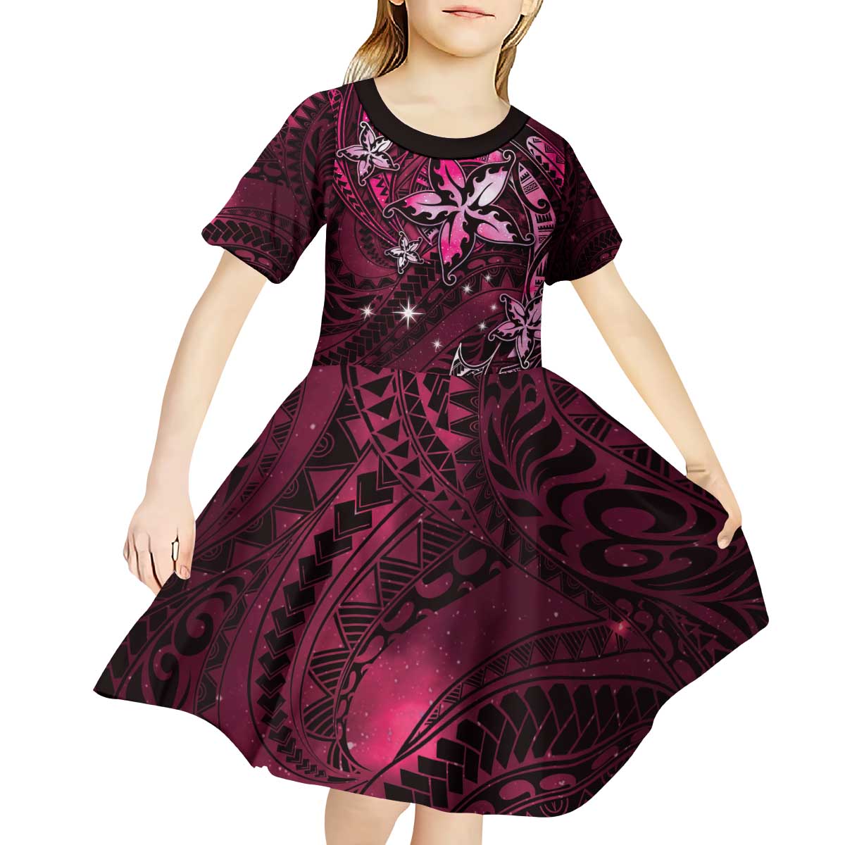 Hawaii Makahiki Season Kid Short Sleeve Dress Floral Tribal Tattoo Pink Galaxy