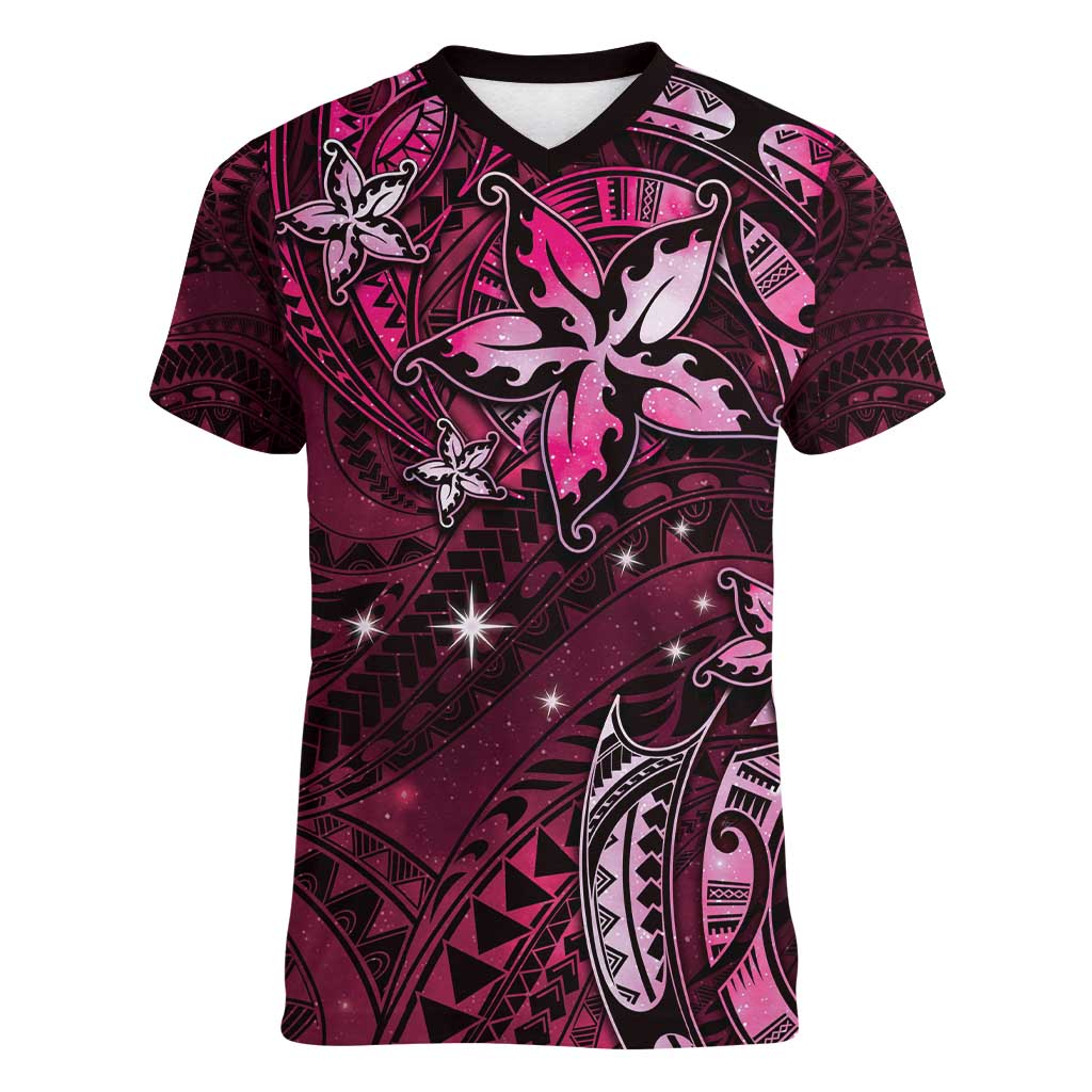Hawaii Makahiki Season Women V-Neck T-Shirt Floral Tribal Tattoo Pink Galaxy