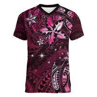 Hawaii Makahiki Season Women V-Neck T-Shirt Floral Tribal Tattoo Pink Galaxy