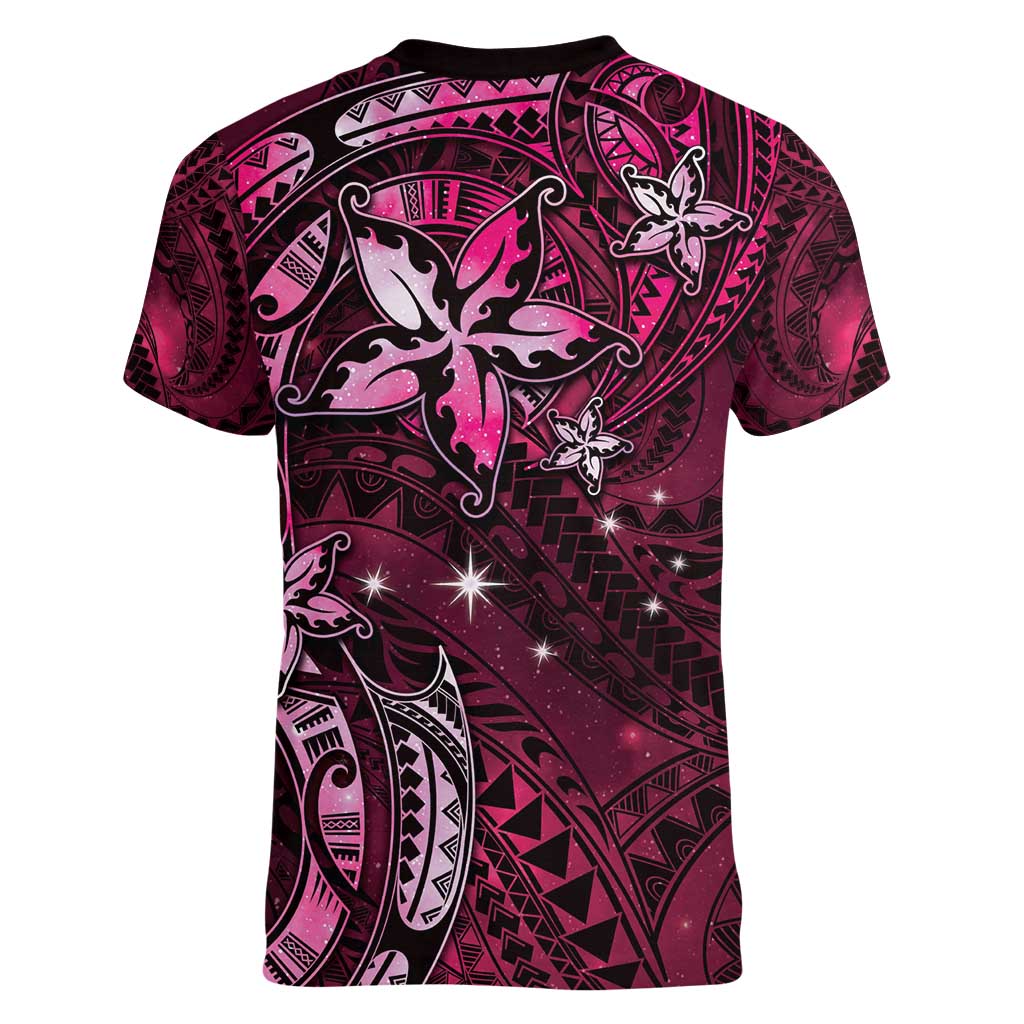 Hawaii Makahiki Season Women V-Neck T-Shirt Floral Tribal Tattoo Pink Galaxy