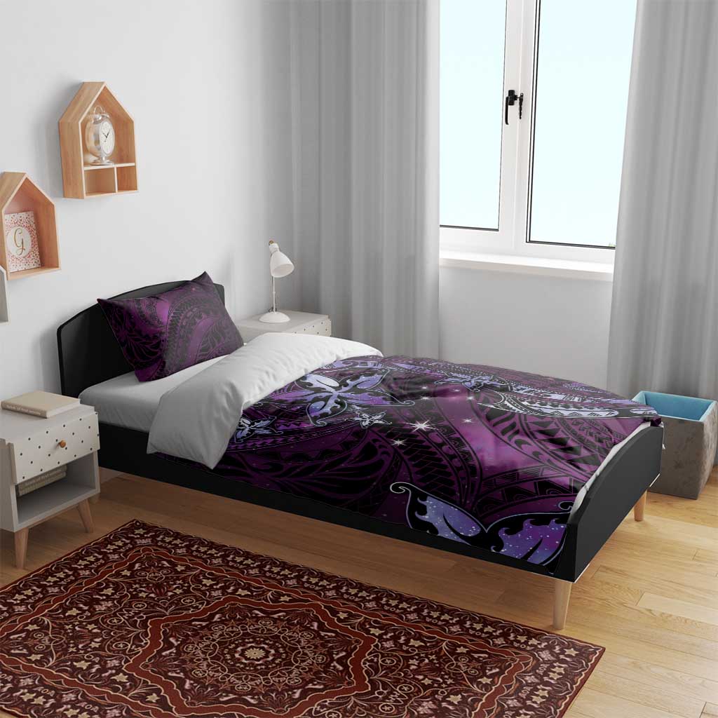 Hawaii Makahiki Season Bedding Set Floral Tribal Tattoo Purple Galaxy
