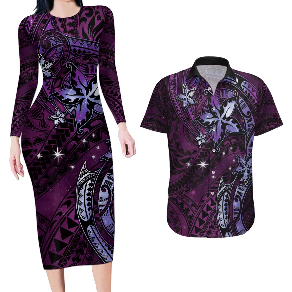 Hawaii Makahiki Season Couples Matching Long Sleeve Bodycon Dress and Hawaiian Shirt Floral Tribal Tattoo Purple Galaxy LT05 Purple - Polynesian Pride