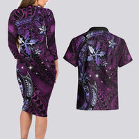 Hawaii Makahiki Season Couples Matching Long Sleeve Bodycon Dress and Hawaiian Shirt Floral Tribal Tattoo Purple Galaxy LT05 - Polynesian Pride