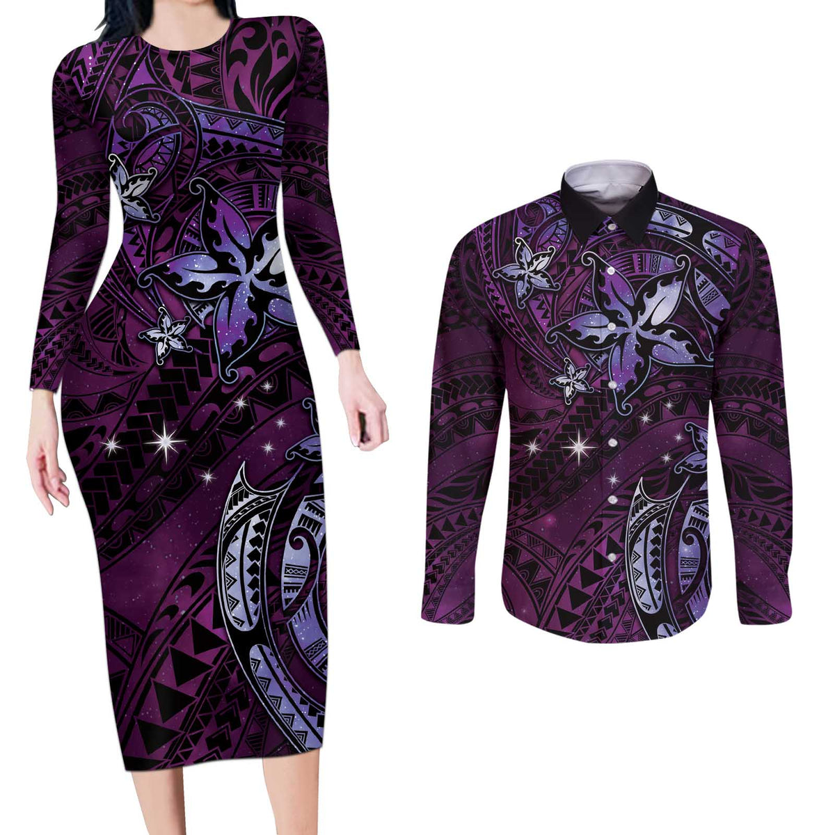 Hawaii Makahiki Season Couples Matching Long Sleeve Bodycon Dress and Long Sleeve Button Shirt Floral Tribal Tattoo Purple Galaxy LT05 Purple - Polynesian Pride
