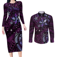 Hawaii Makahiki Season Couples Matching Long Sleeve Bodycon Dress and Long Sleeve Button Shirt Floral Tribal Tattoo Purple Galaxy LT05 Purple - Polynesian Pride