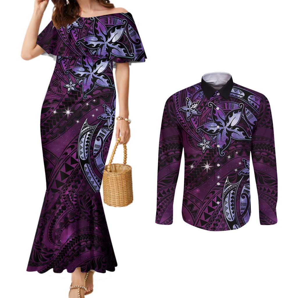 Hawaii Makahiki Season Couples Matching Mermaid Dress and Long Sleeve Button Shirt Floral Tribal Tattoo Purple Galaxy LT05 Purple - Polynesian Pride