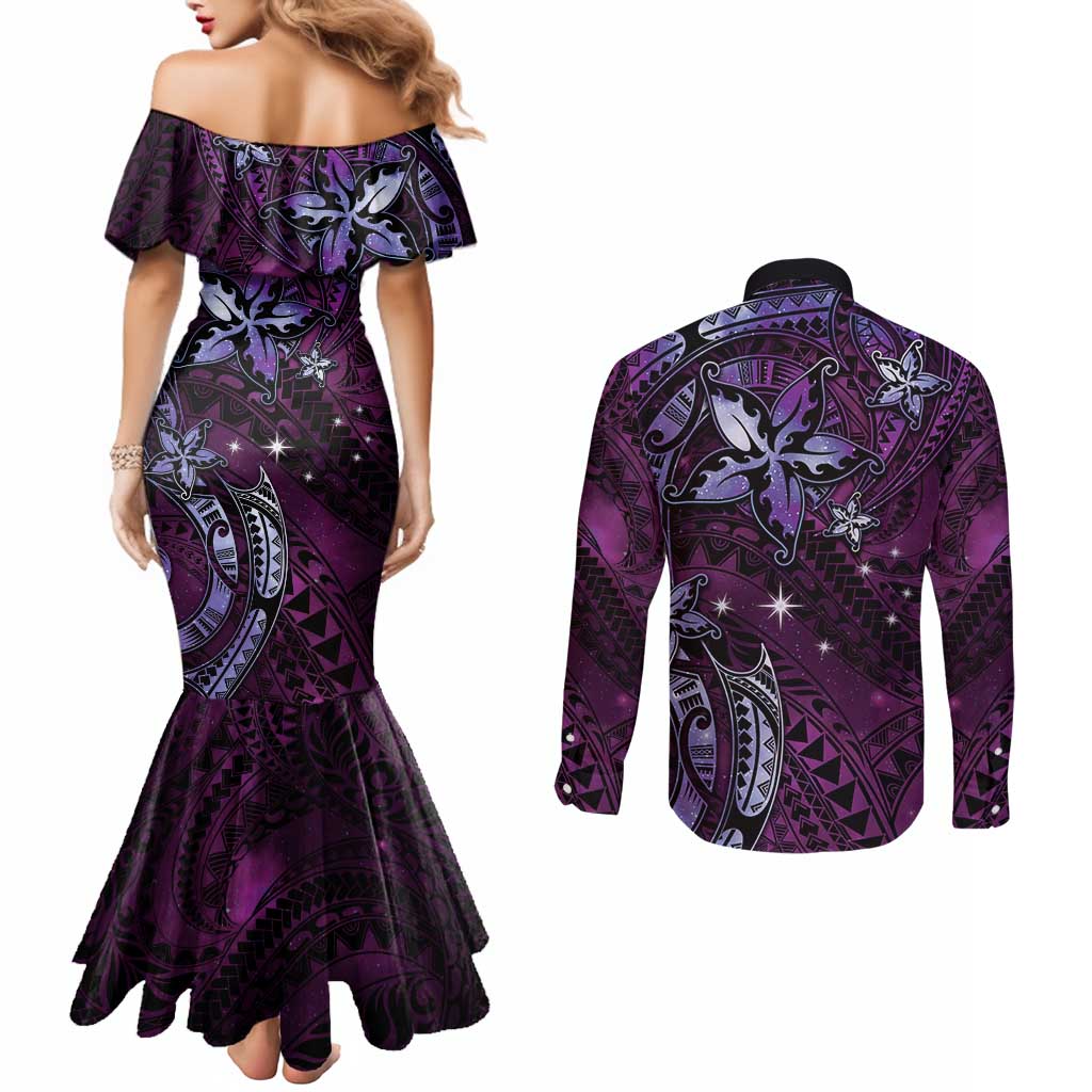 Hawaii Makahiki Season Couples Matching Mermaid Dress and Long Sleeve Button Shirt Floral Tribal Tattoo Purple Galaxy LT05 - Polynesian Pride
