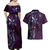 Hawaii Makahiki Season Couples Matching Off Shoulder Maxi Dress and Hawaiian Shirt Floral Tribal Tattoo Purple Galaxy LT05 - Polynesian Pride