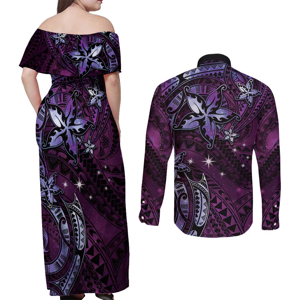 Hawaii Makahiki Season Couples Matching Off Shoulder Maxi Dress and Long Sleeve Button Shirt Floral Tribal Tattoo Purple Galaxy LT05 - Polynesian Pride