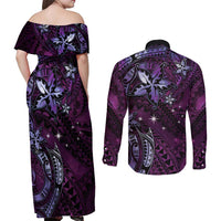 Hawaii Makahiki Season Couples Matching Off Shoulder Maxi Dress and Long Sleeve Button Shirt Floral Tribal Tattoo Purple Galaxy LT05 - Polynesian Pride